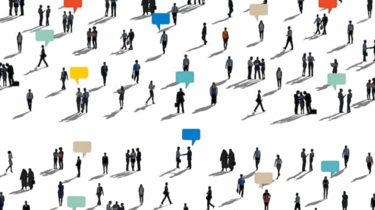 Groups of business professionals with speech bubbles standing apart, representing fragmented group decision-making and unbalanced team discussions.