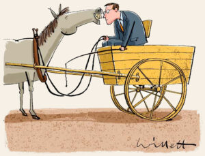 Cartoon of a businessman in a cart placed in front of a horse. The horse is facing backward, making faces at the man who is trying to move forward but going nowhere.