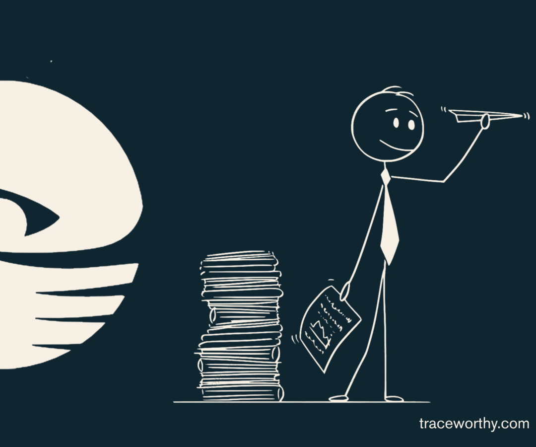 Stick-figure professional launching a paper plane beside a stack of documents, TraceWorthy eye motif, symbolising design-led business systems