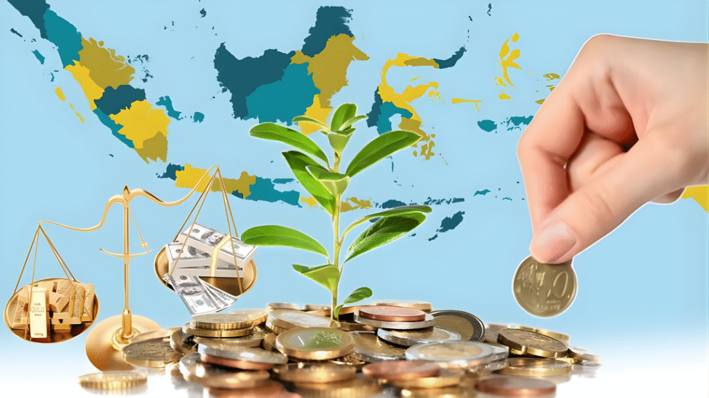 Foreign investment in Indonesia illustrated with a map of Indonesia, a plant growing from coins, and a balance scale, supporting an article on KBLI restrictions for foreign investors in Indonesia.