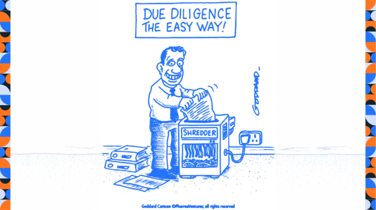 Cartoon of a smiling businessman feeding documents into a shredder under a sign saying due diligence the easy way, illustrating risky shortcuts to counterparty due diligence for foreign investors in Indonesia