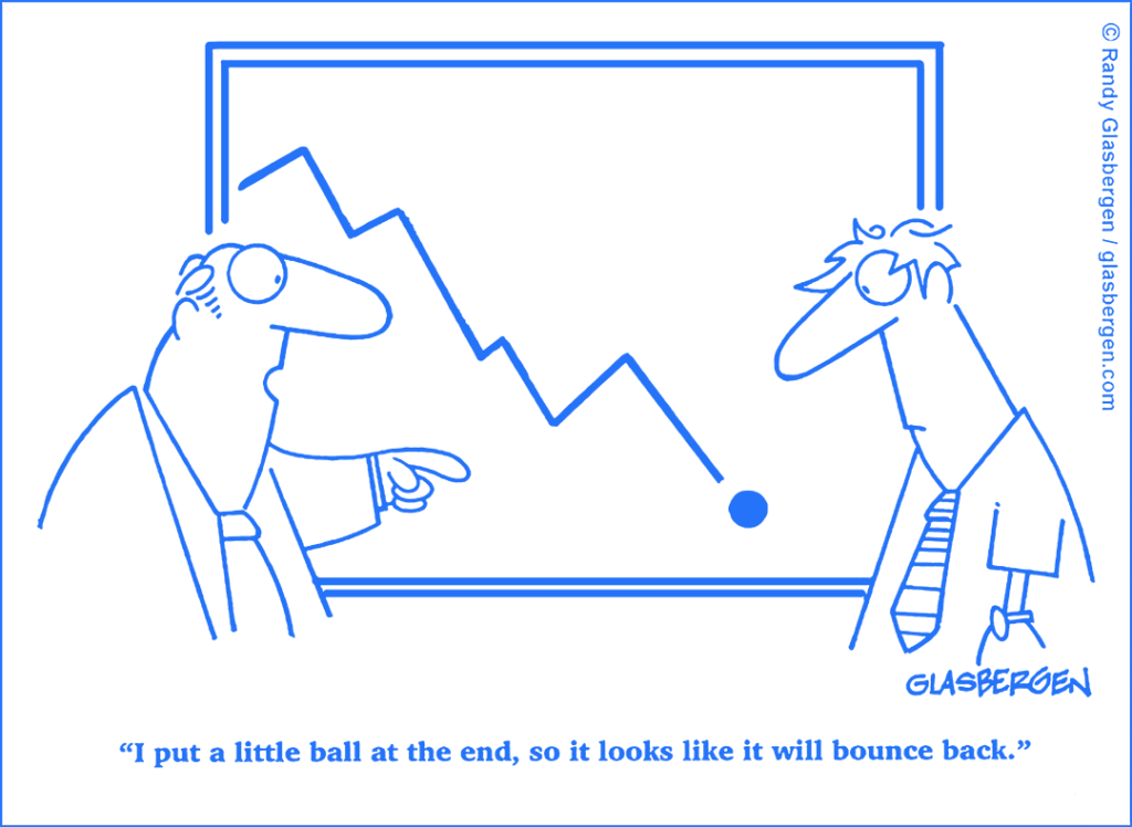 Cartoon of two businessmen looking at a falling line graph with a small ball drawn at the end to suggest a rebound, illustrating unrealistic investment projections