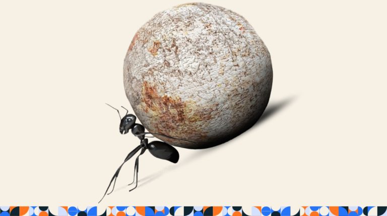 Black ant pushing a large stone uphill on a white background