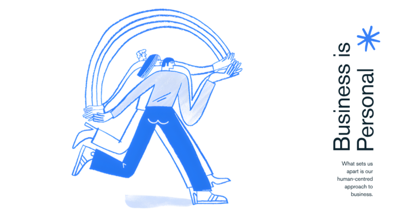 Blue illustrated figure moving beneath a rainbow on a beige background beside the words “Business is Personal”, used for an article about Bali business growth risk.