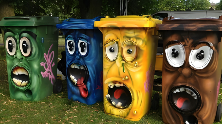 Cartoon waste bins representing Bali waste investment, sorting systems, and the need for practical waste solutions.