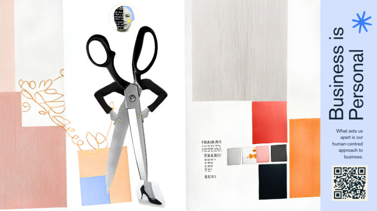 Editorial collage of a personified pair of large scissors with arms, a high-heeled leg, and a portrait head, set against coloured paper rectangles, illustrating consultant tax in Indonesia and the PPh Article 23 withholding cut from a consultant's invoice paid by a PT PMA.