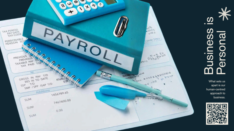 Editorial flat-lay of a payroll binder, calculator, spiral notebook and pen on payroll documents against a dark navy background, illustrating the monthly payroll cycle for a PT PMA in Indonesia under the BPJS and PPh Article 21 framework.