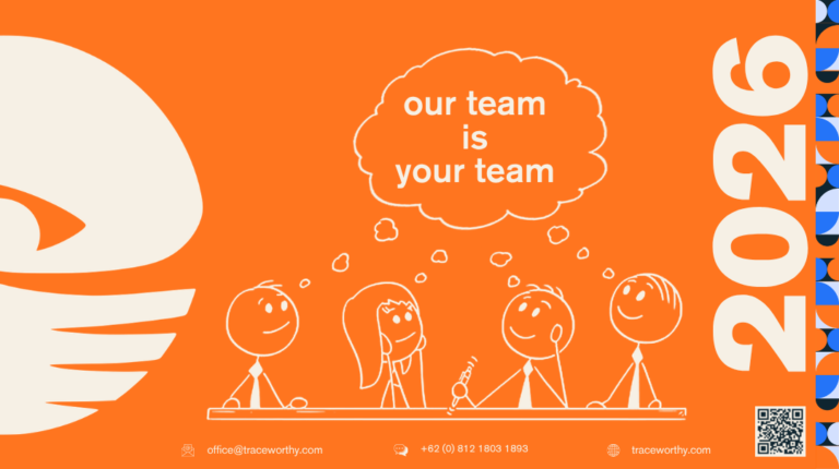 TraceWorthy 2026 calendar cover showing the four-person team with the 'our team is your team' speech bubble, the visual companion to the financial reporting system mapped across the PT PMA reporting year.