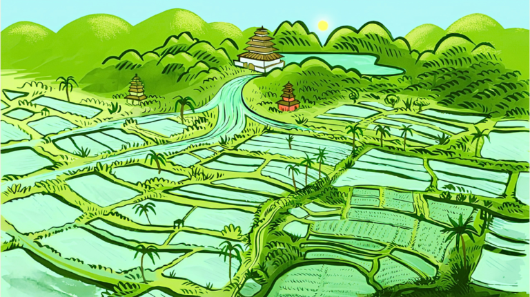 Aerial illustration of traditional Balinese rice terraces with an irrigation channel flowing through the landscape, Balinese temple structures, and palm trees, representing Bali's traditional water management system