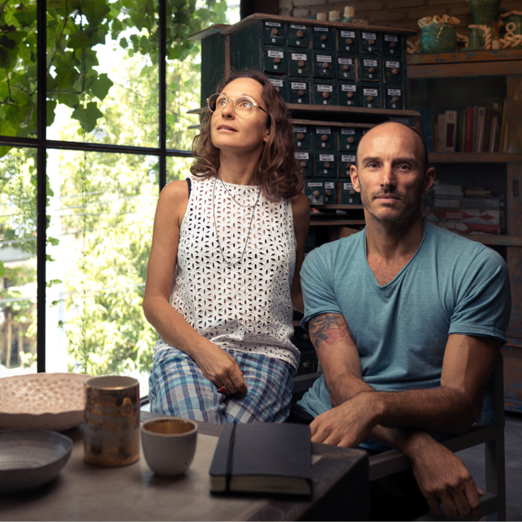 Michela Foppiani and Marcello Massoni, founders of Gaya Ceramic and Design, in their Ubud studio, illustrating a foreign-founded business in Bali that employs local craftspeople.
