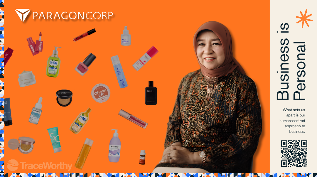 Nurhayati Subakat, founder of Paragon Technology and Innovation, beside Paragon products on a TraceWorthy Business is Personal panel, illustrating women founders in Indonesia.