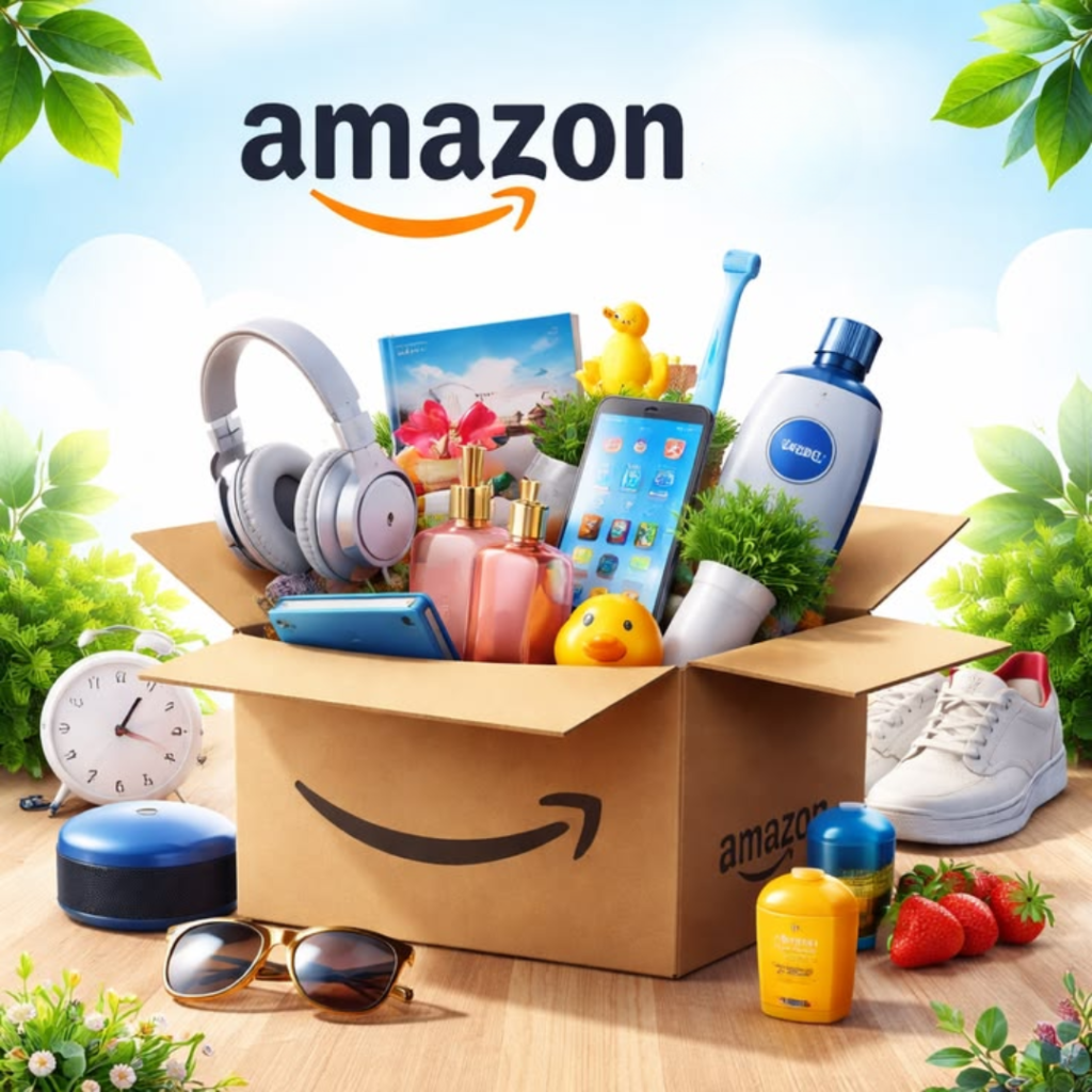 Amazon logo above an open Amazon-branded delivery box filled with consumer goods