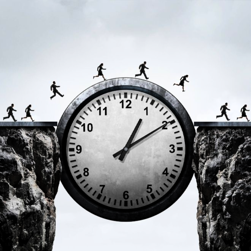 People crossing a clock that bridges a gap between two cliffs, illustrating short-term credit bridging a genuine timing gap in cash.
