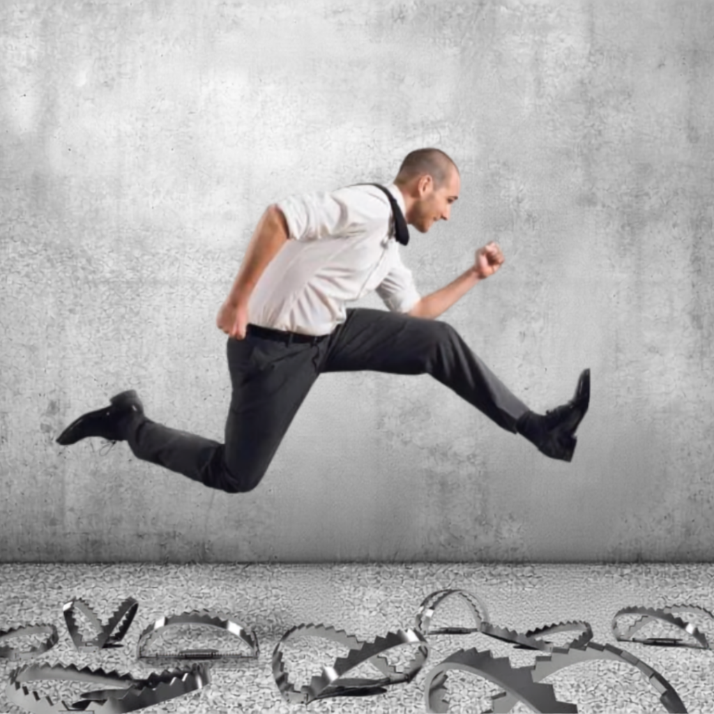A businessman leaping over a row of bear traps, representing the lawful routes that reward effort without the sweat-equity trap.