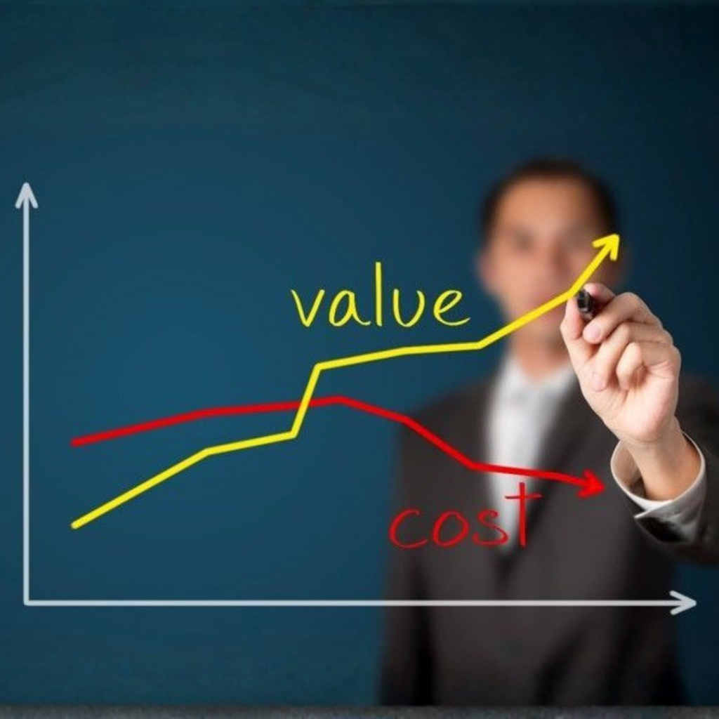 A hand drawing a rising value line above a falling cost line, representing the opportunity cost of an offshore company.