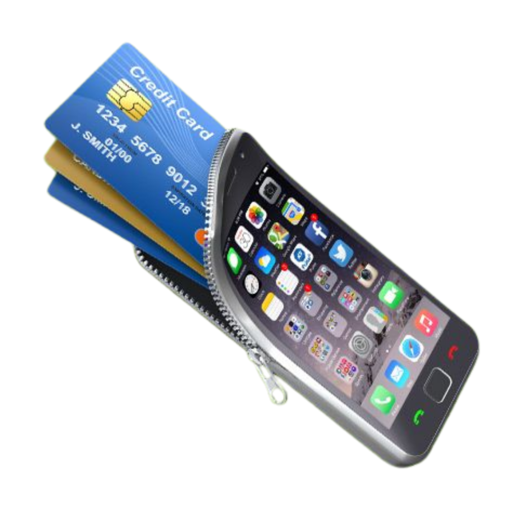 Three payment cards and a smartphone in an open zipped wallet, illustrating credit offered to sellers inside the applications they already use