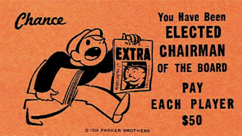 Elected chairman of the board game card illustrating a director shareholding and director liability