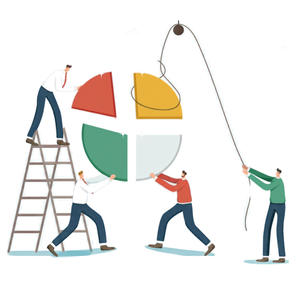 A team assembling an equity pie with a ladder and pulley, representing a share scheme built to fit the rules.