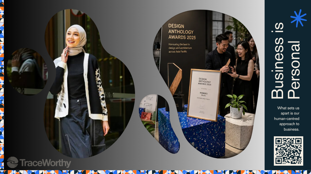 Diajeng Lestari of HijUp and the Robries studio's Design Anthology Awards 2025 win, on a TraceWorthy Business is Personal panel, illustrating formalising a small business in Indonesia.