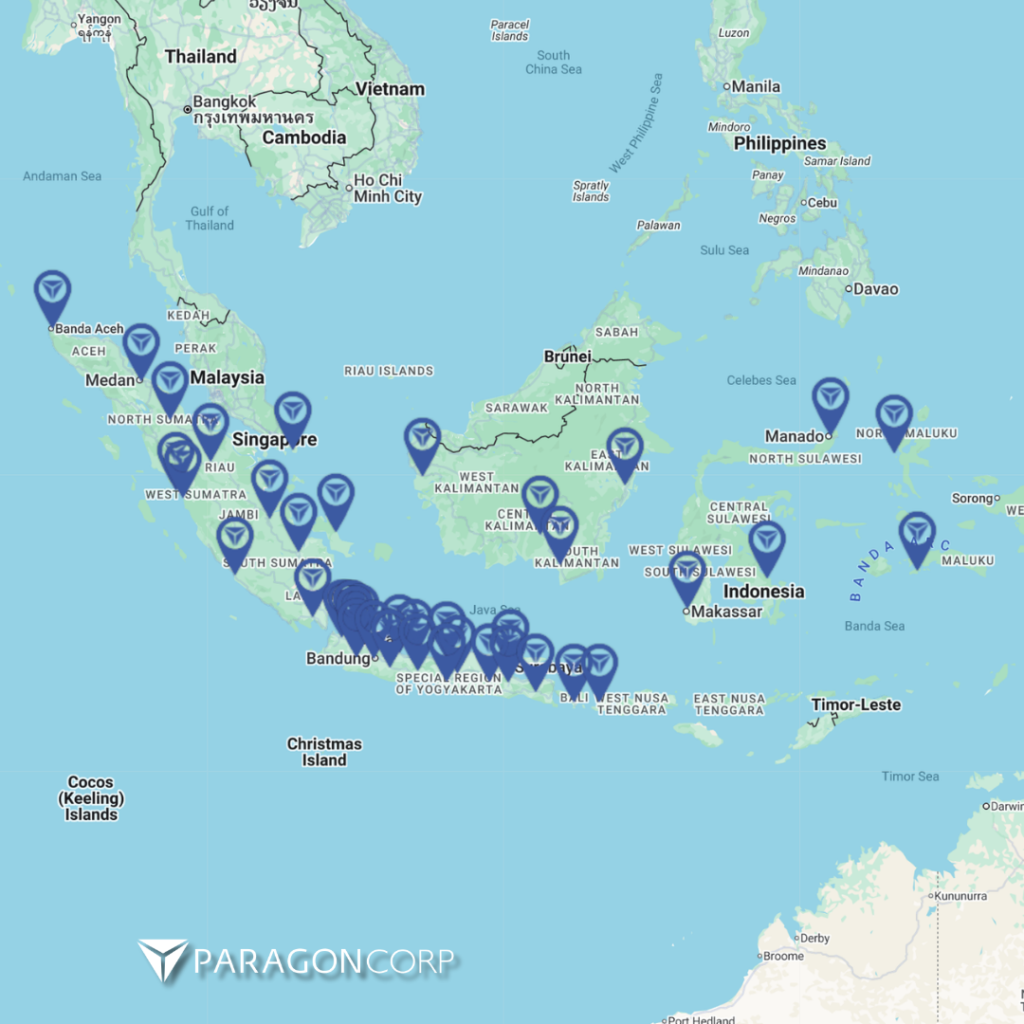 A map of Indonesia marked with Paragon locations from Aceh to Papua, illustrating the national reach a formally structured woman-led business achieved.