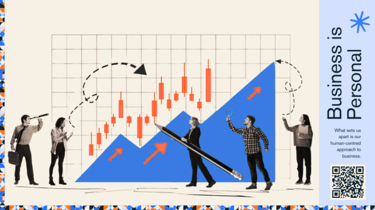 TraceWorthy collage on the hidden price of idle cash and slow-paying customers, with analysts examining a rising blue chart of orange candlesticks, captioned Business is Personal