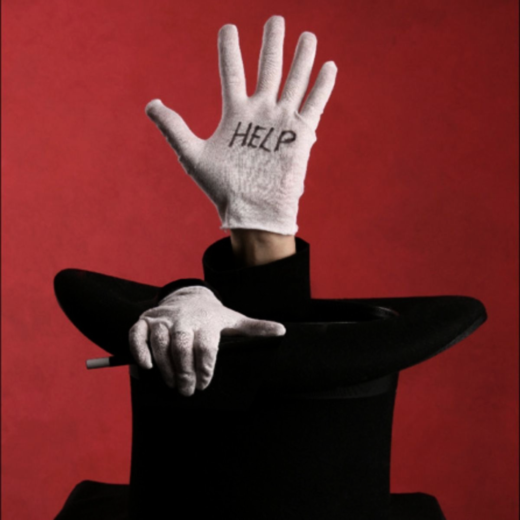 A white glove marked HELP rising from a magician's top hat, illustrating the exposure of an Indonesian asked to be the front for a foreign land buyer.