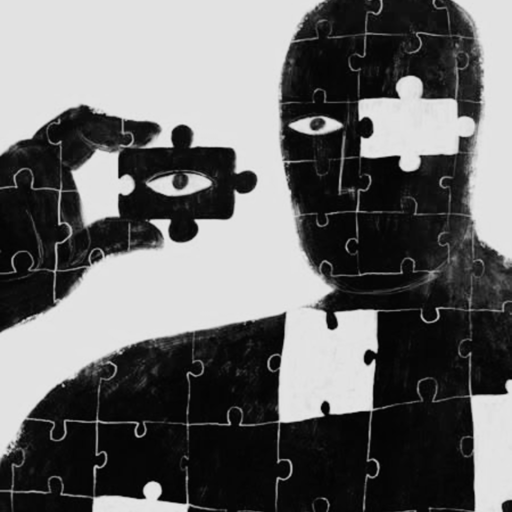 A figure made of jigsaw pieces raising a piece that bears an eye, illustrating the hidden signs of business financial distress an owner can miss.