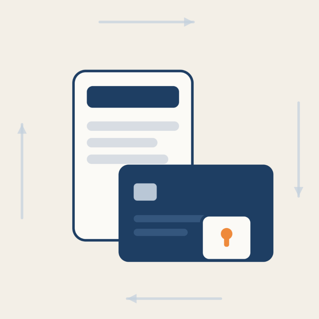 A greyed, blocked bank card and account statement with an orange stop symbol