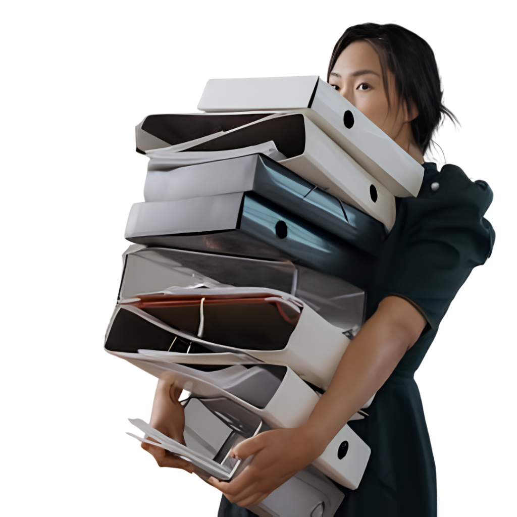 A business owner almost hidden behind a tall, toppling stack of box files and loose papers, overwhelmed by tax and compliance work.