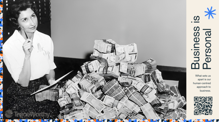 A woman beside a large sum of money on a TraceWorthy Business is Personal panel, illustrating a woman founder who owns her business in her own name in Indonesia.