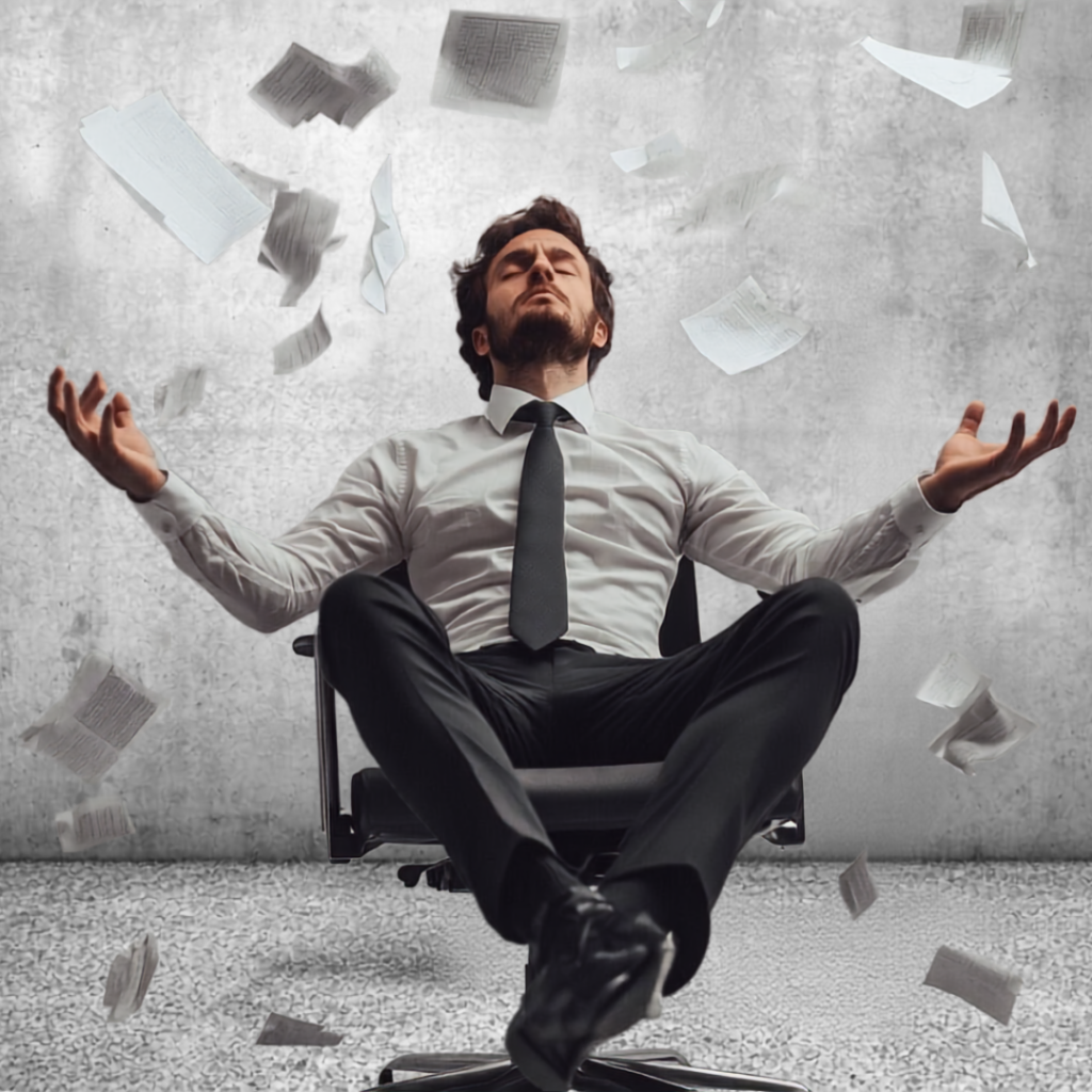 A businessman calm in his chair as paperwork flies around him, representing effort rewarded with equity through a funded route.