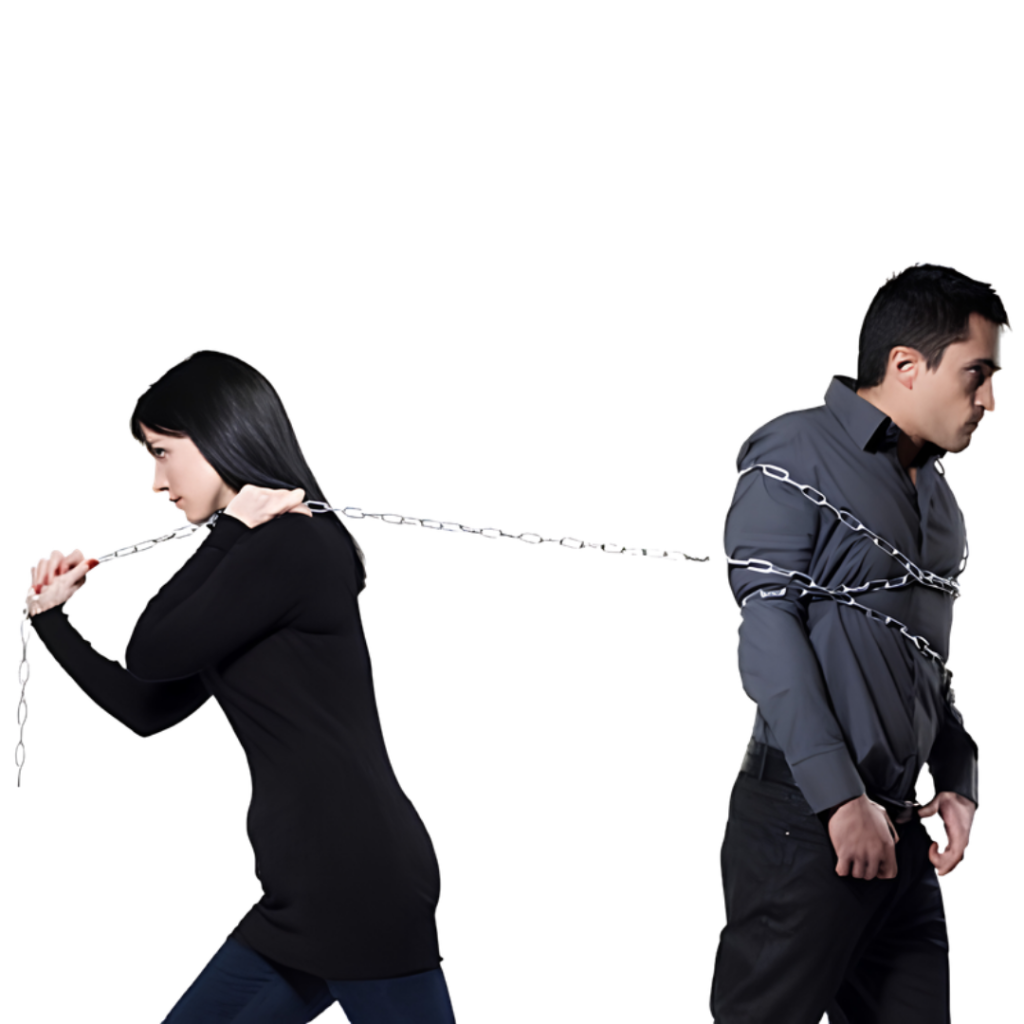 A married couple bound by a chain and pulling apart, illustrating how joint marital property is divided on divorce in Indonesia.