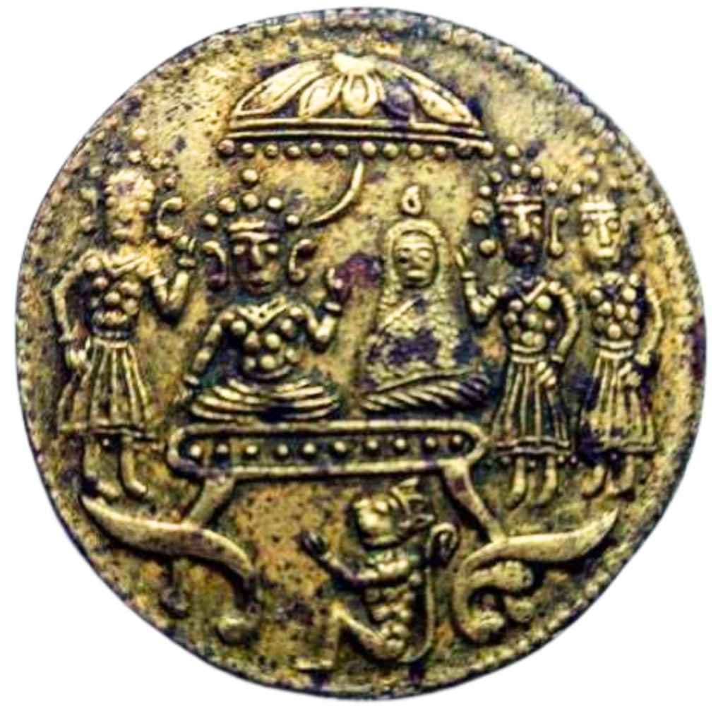 Gold Ramatanka temple token showing Rama and Sita enthroned beneath a canopy with attendants and Hanuman kneeling below