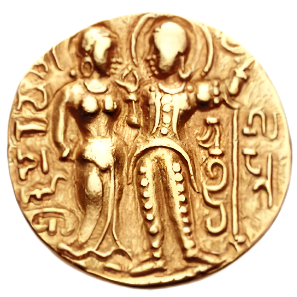 Gold Indian temple token showing Rama and Lakshmana standing with a Devanagari legend
