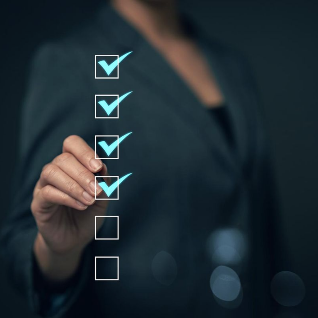 A businesswoman ticking a checklist, representing the decision sequence before forming an offshore company.