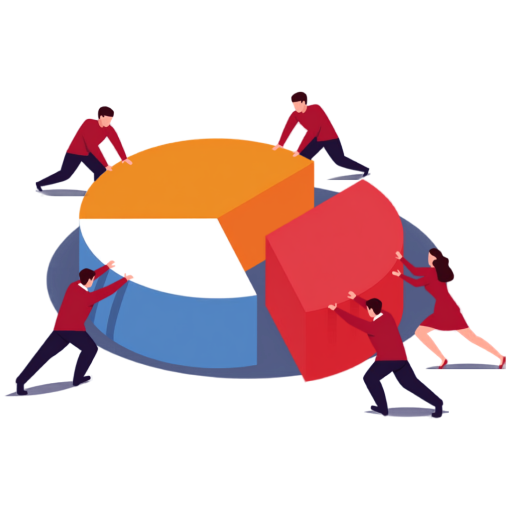 People moving the slices of an equity pie into place, representing a buy-back of a leaver's unvested shares.