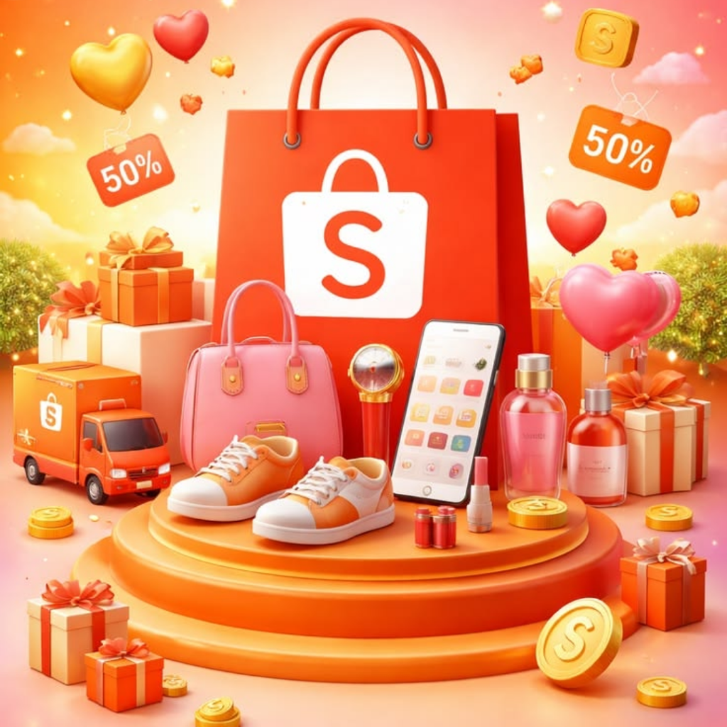 Shopee logo on a smartphone screen beside a miniature shopping trolley and parcel boxes