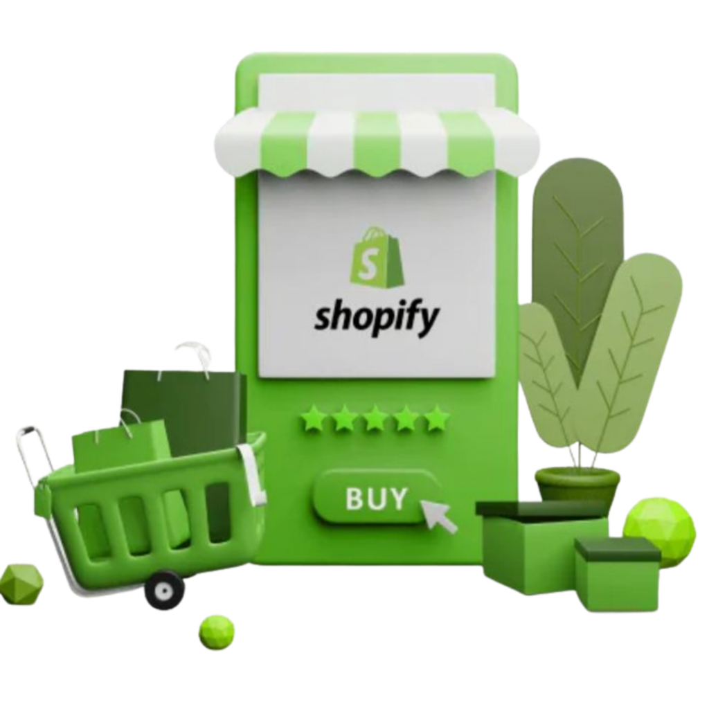 Shopify logo on a three-dimensional shop front with an awning, a shopping trolley, and a buy button