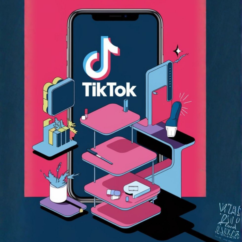 TikTok logo on a smartphone screen, surrounded by a stylised illustration of retail shelving and products