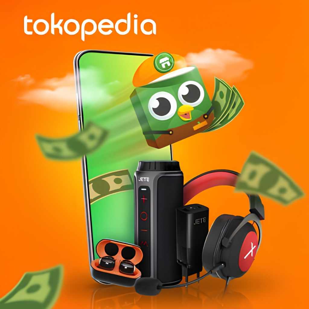 Tokopedia logo and mascot above a smartphone and consumer electronics, with banknotes in the air