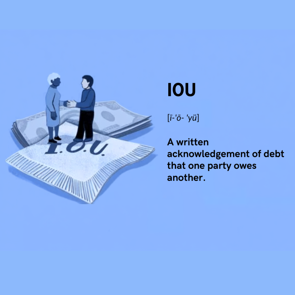 Definition card for an IOU, a written acknowledgement of a debt one party owes another.
