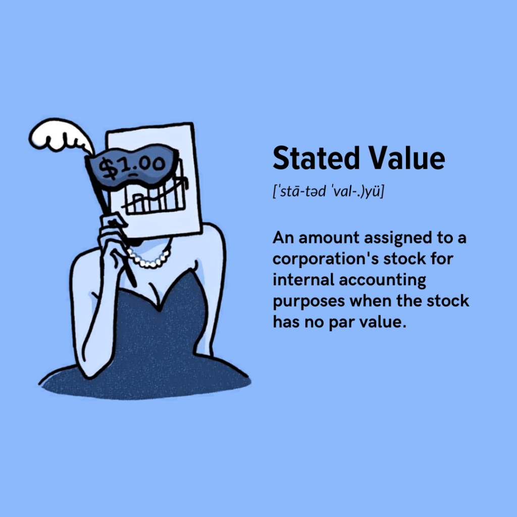 Definition card for stated value, the amount assigned to stock for internal accounting.