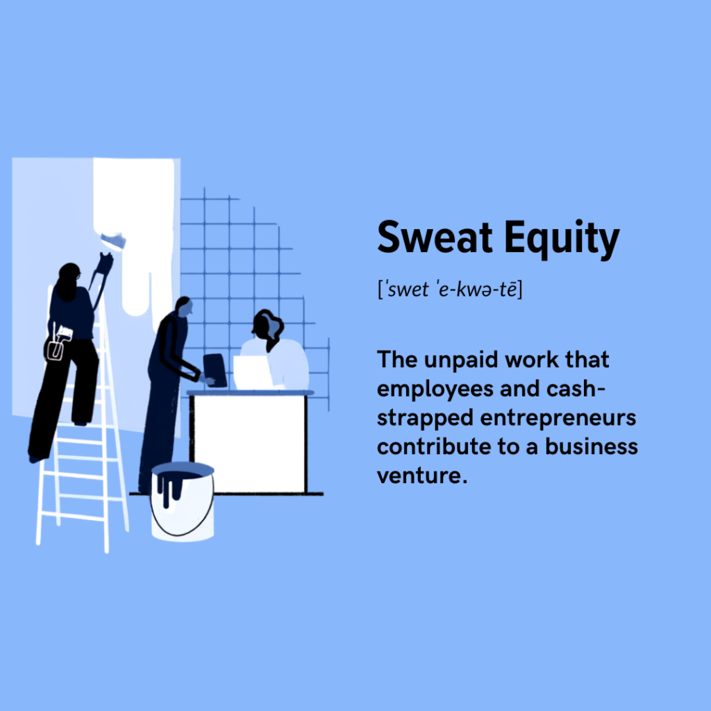 Definition card for the unpaid work that employees and cash-strapped entrepreneurs contribute to a business venture.