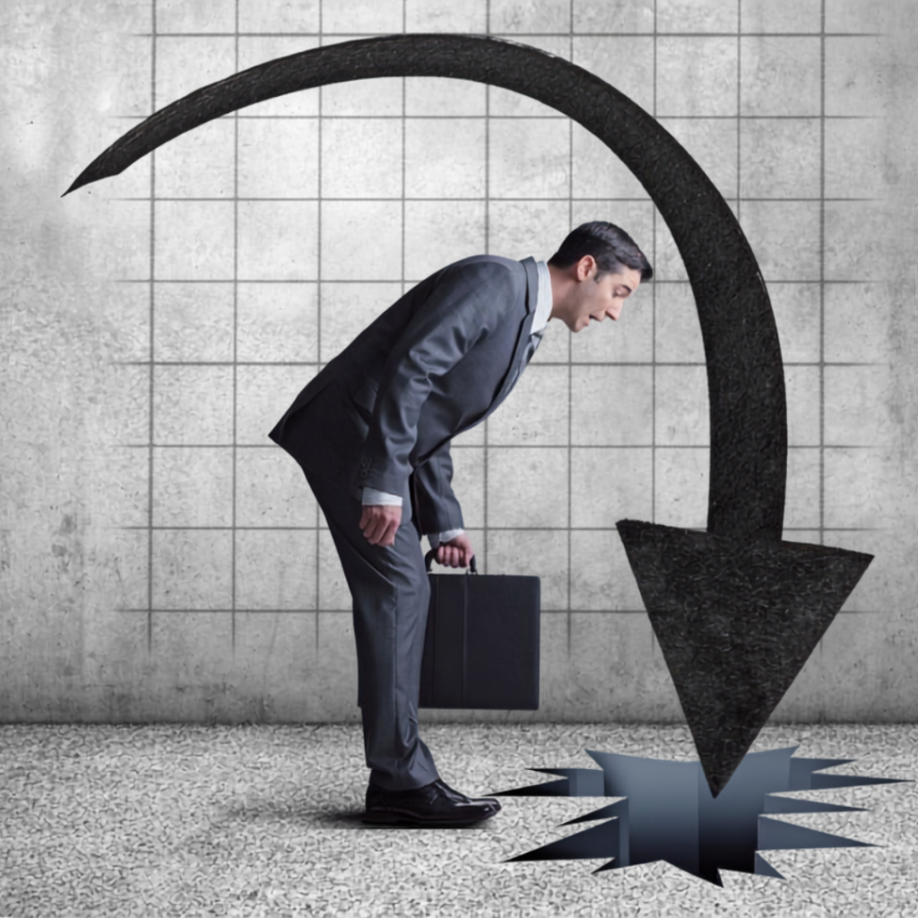 A businessman at the edge of a crack in the ground beneath a downward arrow, representing the trap of recording effort as paid-up capital.