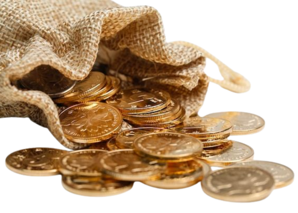 Hessian sack spilling gold coins onto a white background