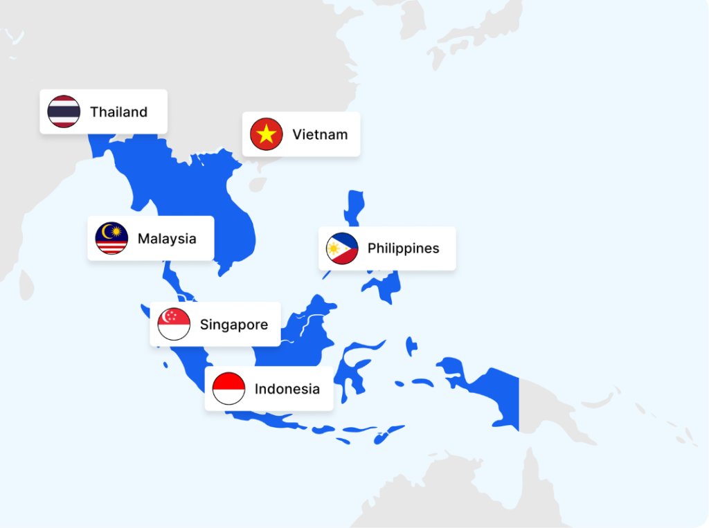 Map of Southeast Asia marking Indonesia, Singapore, Malaysia, Thailand, Vietnam and the Philippines, the region Xendit's payments business serves and the market behind Southeast Asia's venture-funding figures.