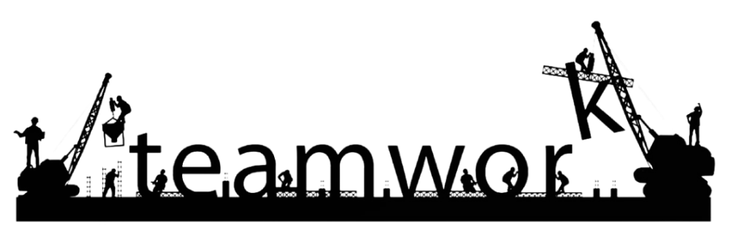 The word teamwork being built by silhouetted construction workers, with a crane lifting the final letter into place, illustrating a role designed before it is filled