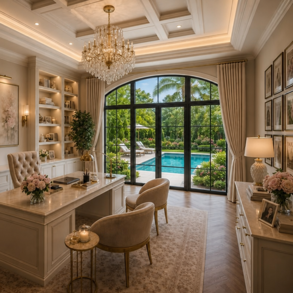 An elegant private study in a Bali villa overlooking a garden and pool