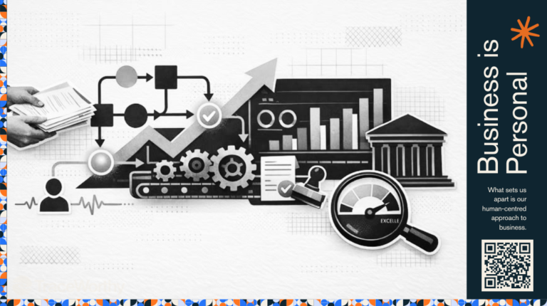 TraceWorthy Business is Personal panel illustrating advisory support for a business in the Indonesia International Financial Centre, with workflow, growth, and compliance motifs and a QR code.