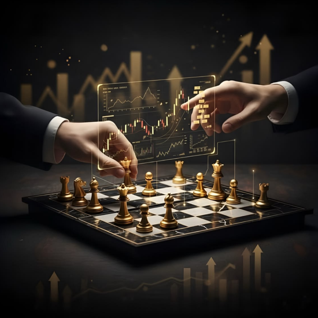 Two advisers positioning gold chess pieces over a financial chart, illustrating matching a cross-border business structure to the situation.